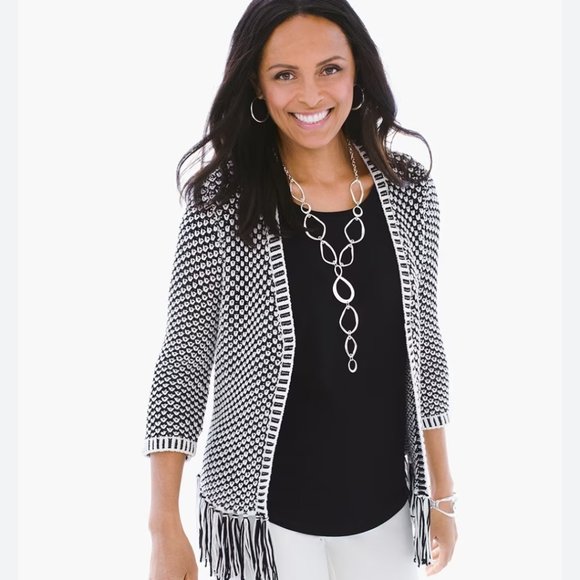 Chico's Sweaters - Chico's crochet Cardigan fringes honeycomb pattern Chico's Size 1 US size UA 8/M